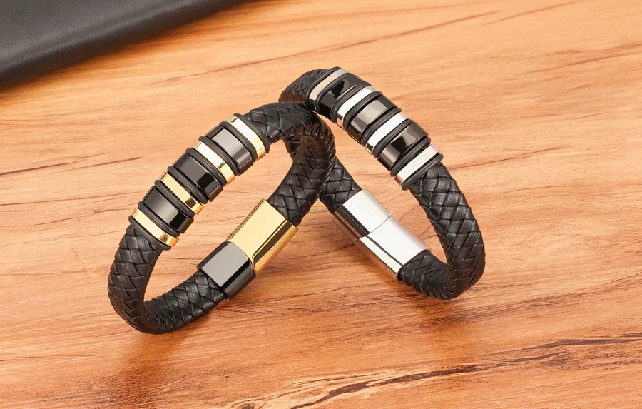 TYO New Fashion Braided Wrap Rope Black Leather Bracelets For Men Simple Stainless Steel Charm Vintage Bangles Jewelry Gift