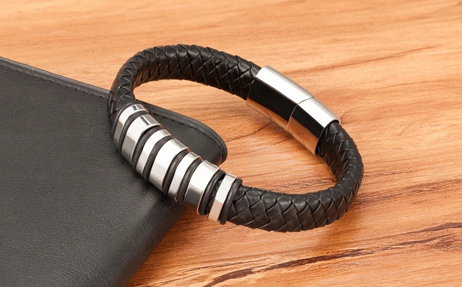 TYO New Fashion Braided Wrap Rope Black Leather Bracelets For Men Simple Stainless Steel Charm Vintage Bangles Jewelry Gift