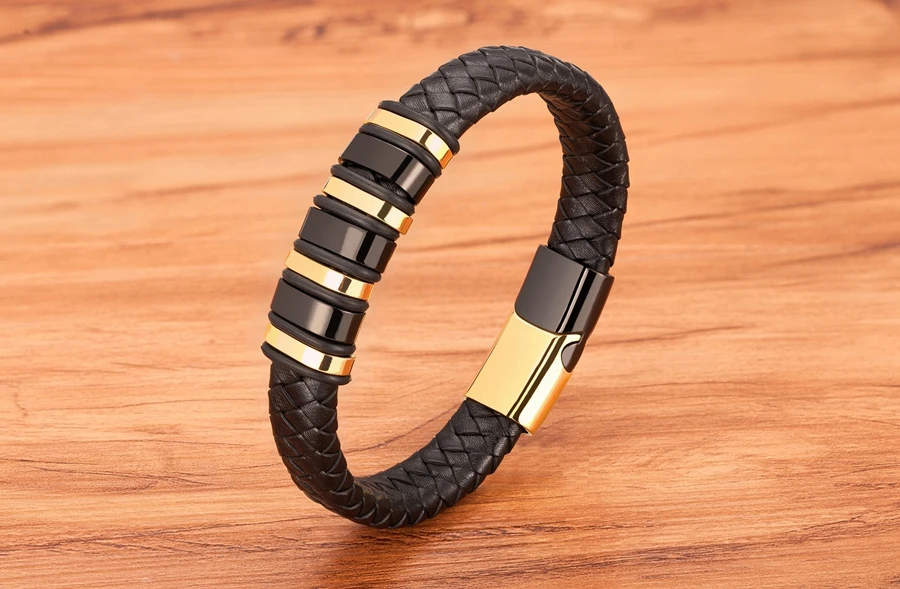 TYO New Fashion Braided Wrap Rope Black Leather Bracelets For Men Simple Stainless Steel Charm Vintage Bangles Jewelry Gift