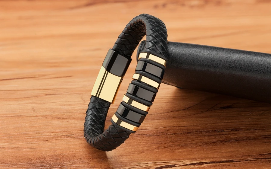 TYO New Fashion Braided Wrap Rope Black Leather Bracelets For Men Simple Stainless Steel Charm Vintage Bangles Jewelry Gift