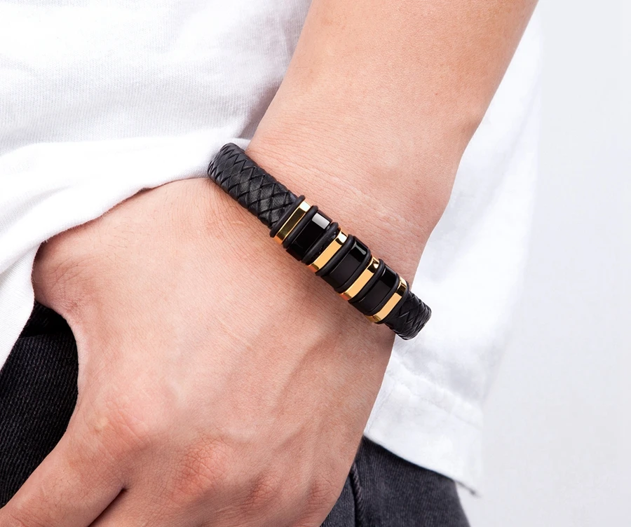 TYO New Fashion Braided Wrap Rope Black Leather Bracelets For Men Simple Stainless Steel Charm Vintage Bangles Jewelry Gift