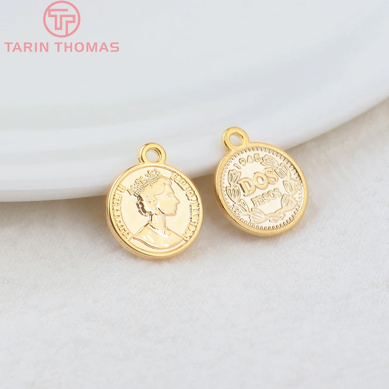 (833)10PCS 11x13.5MM Hole 1MM 24K Gold Color Brass Queen of England Coin Charms Pendants Diy Jewelry Findings Accessories