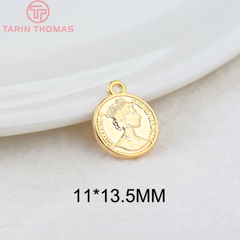 (833)10PCS 11x13.5MM Hole 1MM 24K Gold Color Brass Queen of England Coin Charms Pendants Diy Jewelry Findings Accessories