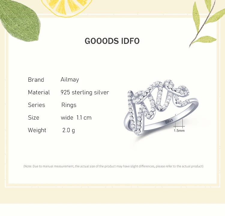 Ailmay Fashion 925 Sterling Silver Clear Zircon Romantic LOVE Finger Ring For Women Wedding Statement Fine Silver Jewelry