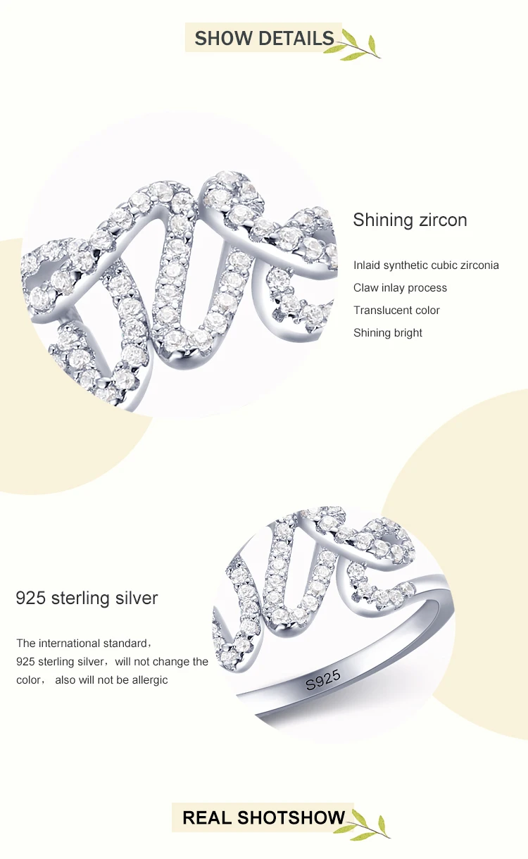 Ailmay Fashion 925 Sterling Silver Clear Zircon Romantic LOVE Finger Ring For Women Wedding Statement Fine Silver Jewelry