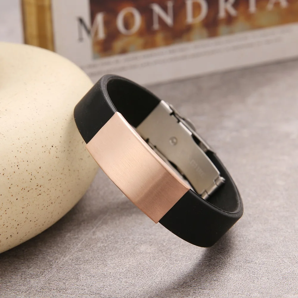 2025 Trend Glamour Jewelry Stainless Steel Black Silicone Bracelet Vintage Titanium Steel Rubber Bracelet For Man Women Pulseras