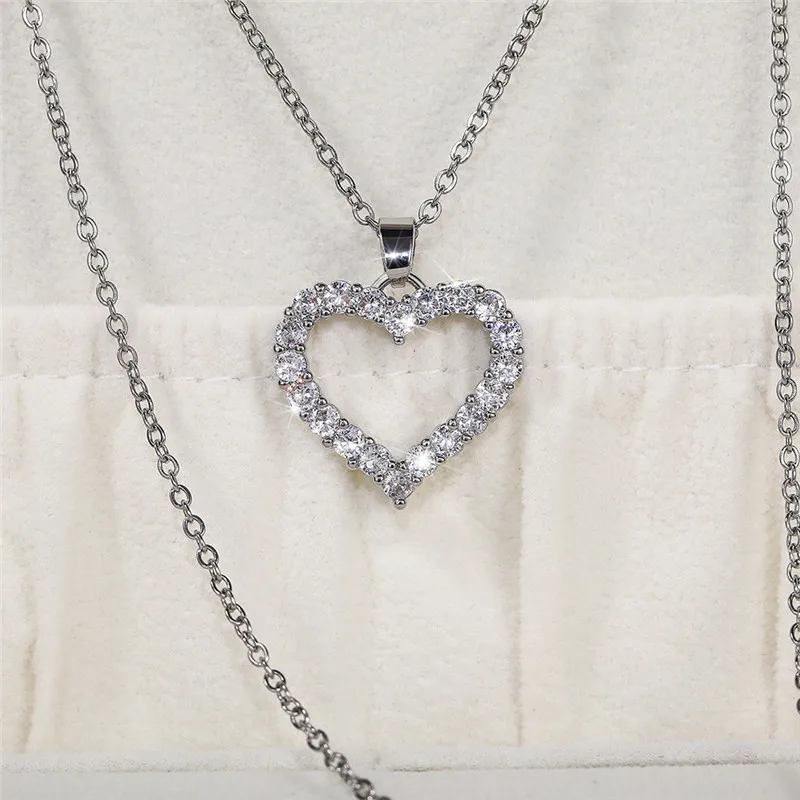 Huitan Bling Bling Princess Heart Pendant Necklace Silver Color Romantic Wedding Engagement Necklaces Trendy Jewelry for Women
