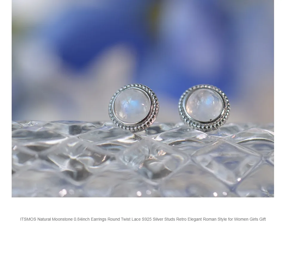 ITSMOS Natural Moonstone 0.84inch Earrings Round Twist Lace S925 Silver Studs Retro Elegant Roman Style for Women Girls Gift