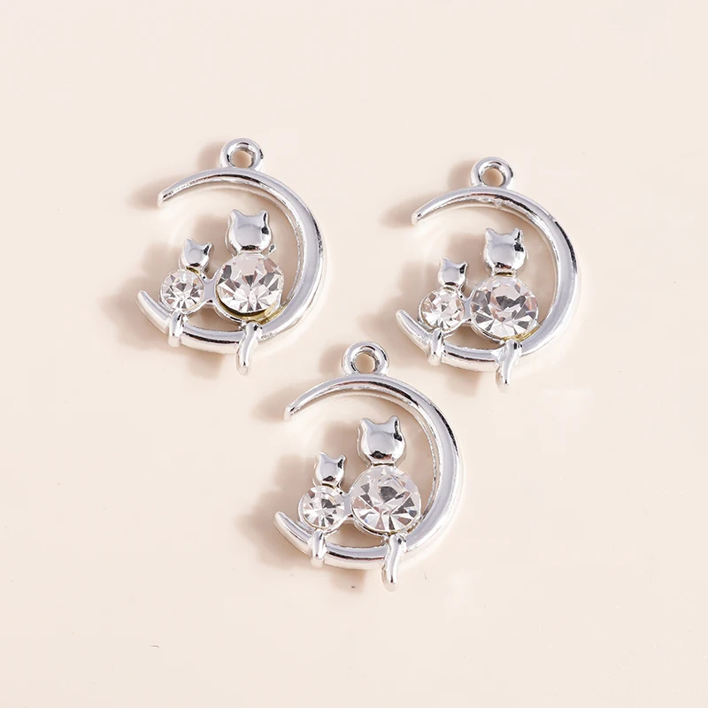 Leslie 10pcs 16*22mm Gold Silver Color Mum Son Crystal Cat Moon Charms for Necklaces Earrings Jewelry Making Accessories