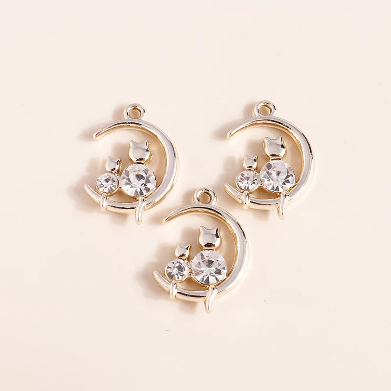 Leslie 10pcs 16*22mm Gold Silver Color Mum Son Crystal Cat Moon Charms for Necklaces Earrings Jewelry Making Accessories