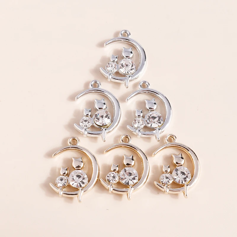 Leslie 10pcs 16*22mm Gold Silver Color Mum Son Crystal Cat Moon Charms for Necklaces Earrings Jewelry Making Accessories