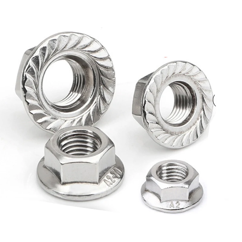 10PCS/LOT 304 Stainless Steel Hexagon Flange Nut Pinking Slip Locking Lock Nut M3 M4 M5 M6 M8 M10 M12 M14 M16 M20 DIN6923