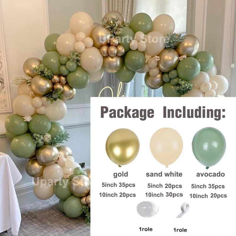 162Pcs Avocado Green Balloons Garland Arch Creamy White Retro Olive Green Balloon for Wedding Birthday Party Background Decor
