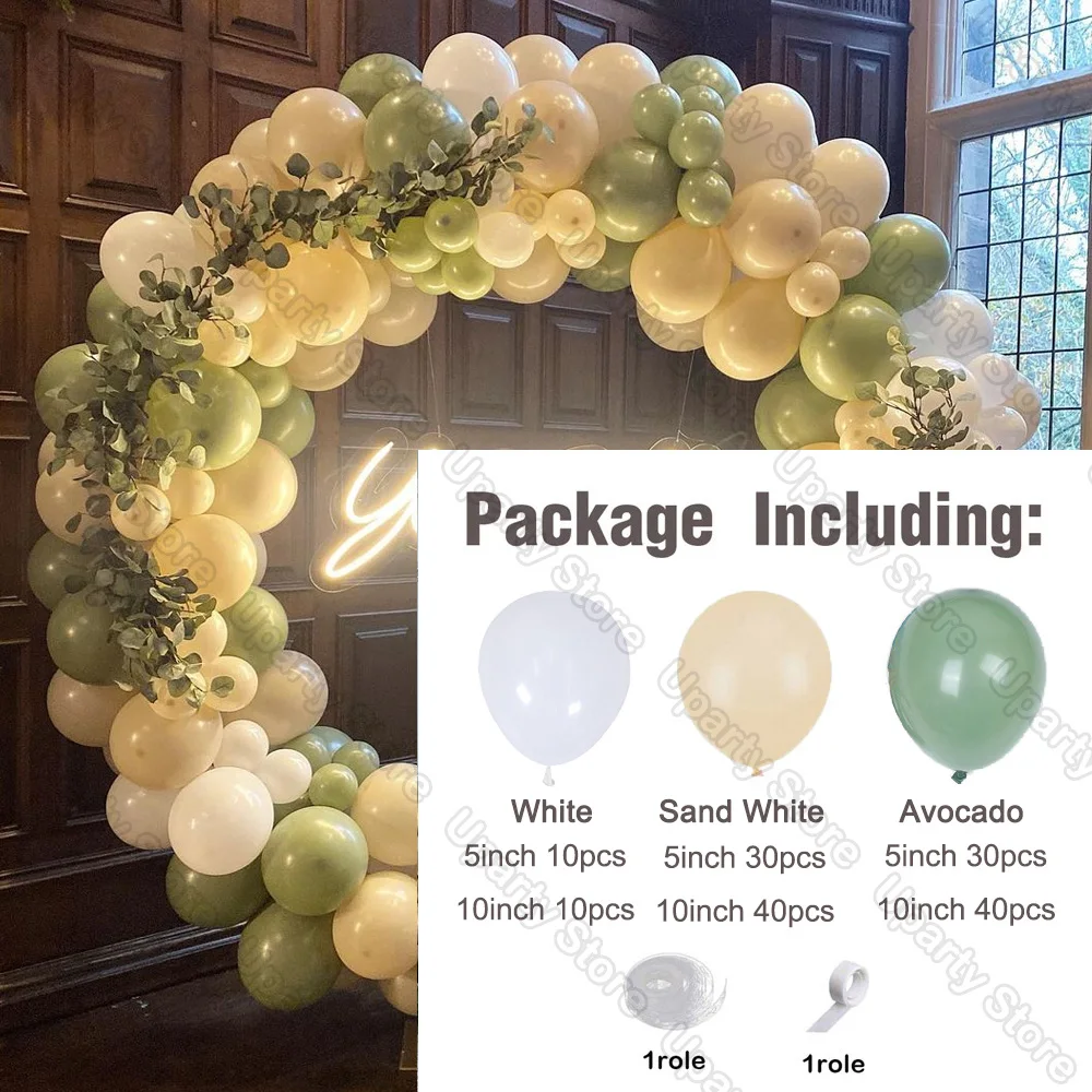 162Pcs Avocado Green Balloons Garland Arch Creamy White Retro Olive Green Balloon for Wedding Birthday Party Background Decor
