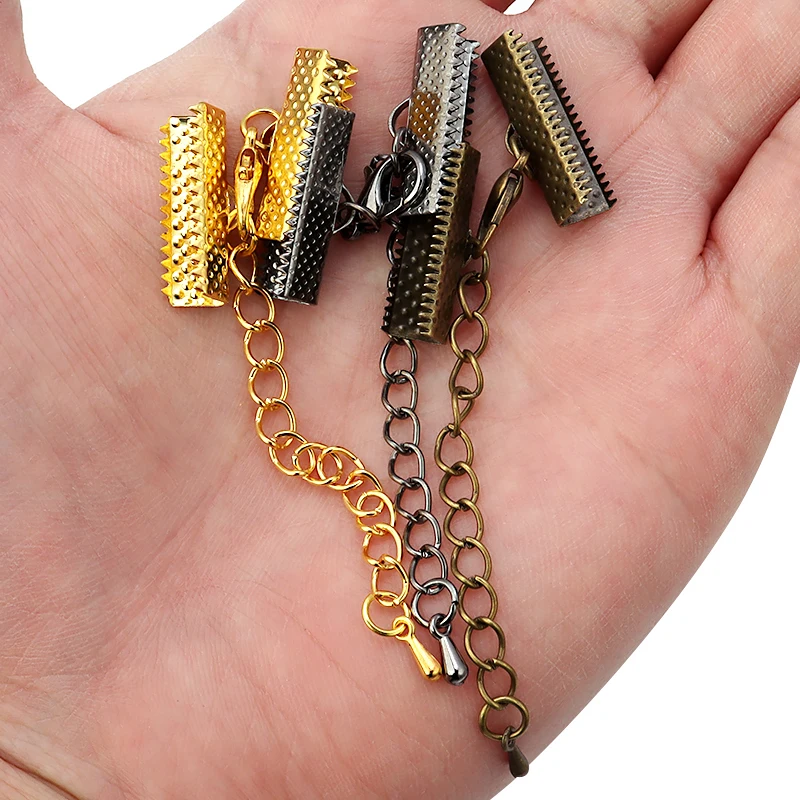 10 Sets Ribbon Leather Cord End Fastener Clasps With Chains Lobster Clasps Connectors For Bracelet Diy Jewelry Making Findings