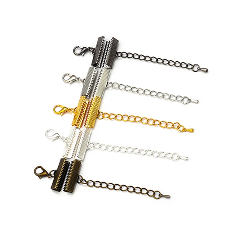 10 Sets Ribbon Leather Cord End Fastener Clasps With Chains Lobster Clasps Connectors For Bracelet Diy Jewelry Making Findings
