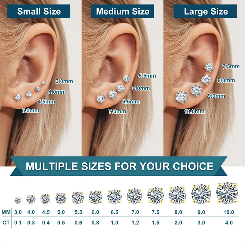 TUHE D Color VVS1 Moissanite Stud Earrings 925 For Men Women 5mm-10mm Screw Back S925 Sterling Silver Wedding Gift
