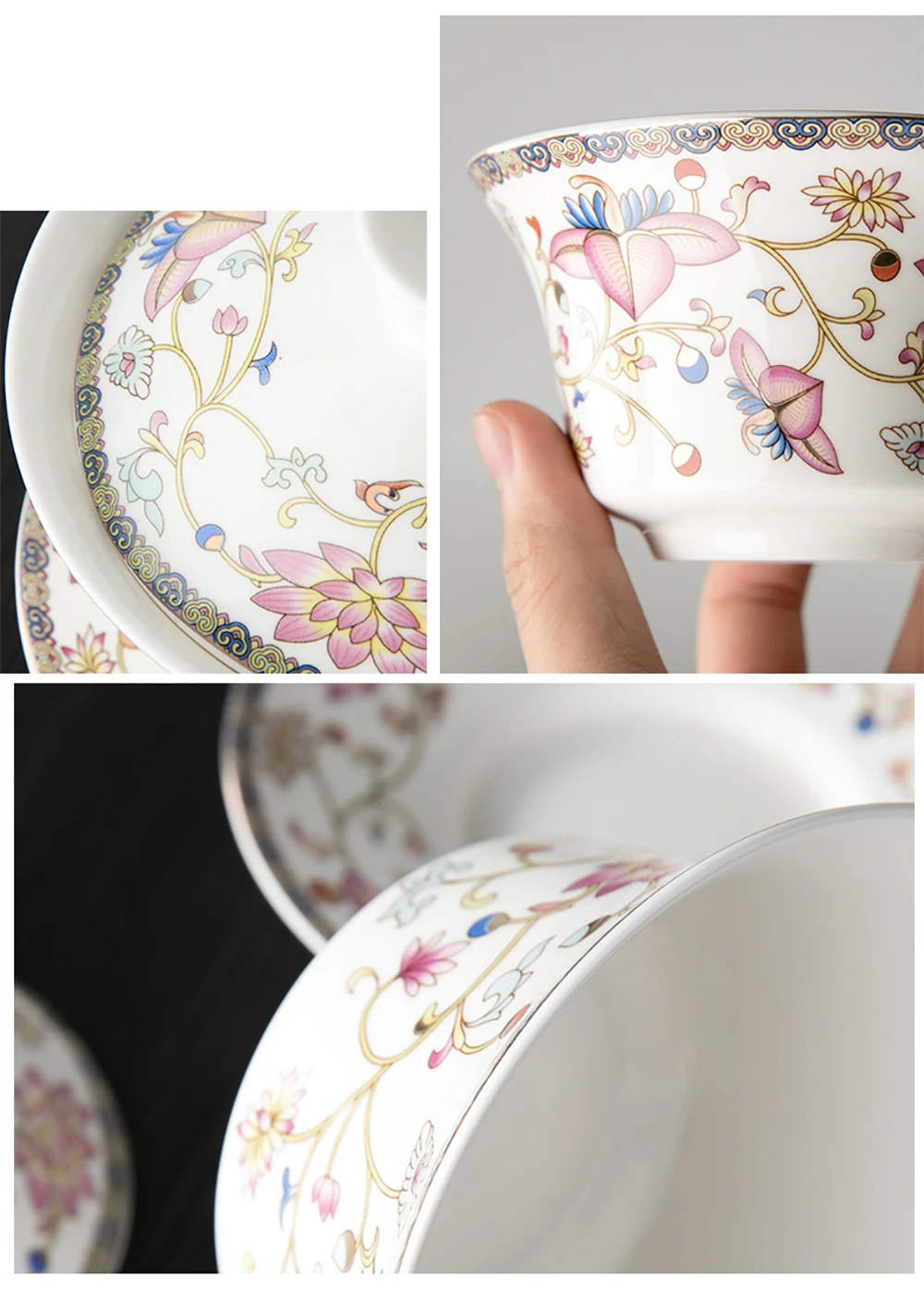 350ml Large capacity ceramics Gaiwan Porcelain Art Bird Tea Tureen Flower Tea Bowl with Saucer Lid Kit Master Teaset Drinkware