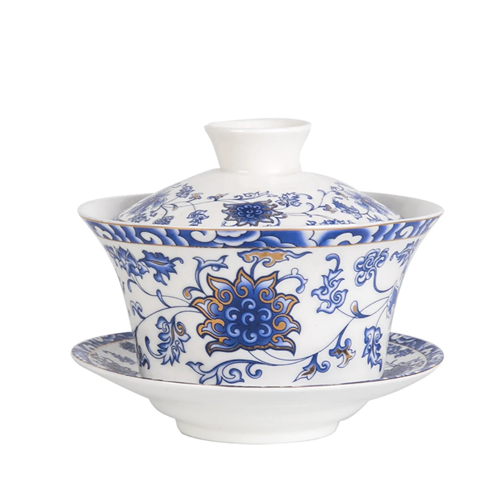 350ml Large capacity ceramics Gaiwan Porcelain Art Bird Tea Tureen Flower Tea Bowl with Saucer Lid Kit Master Teaset Drinkware