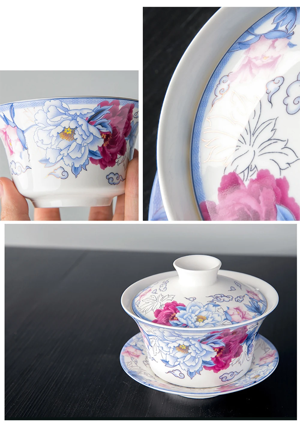 350ml Large capacity ceramics Gaiwan Porcelain Art Bird Tea Tureen Flower Tea Bowl with Saucer Lid Kit Master Teaset Drinkware