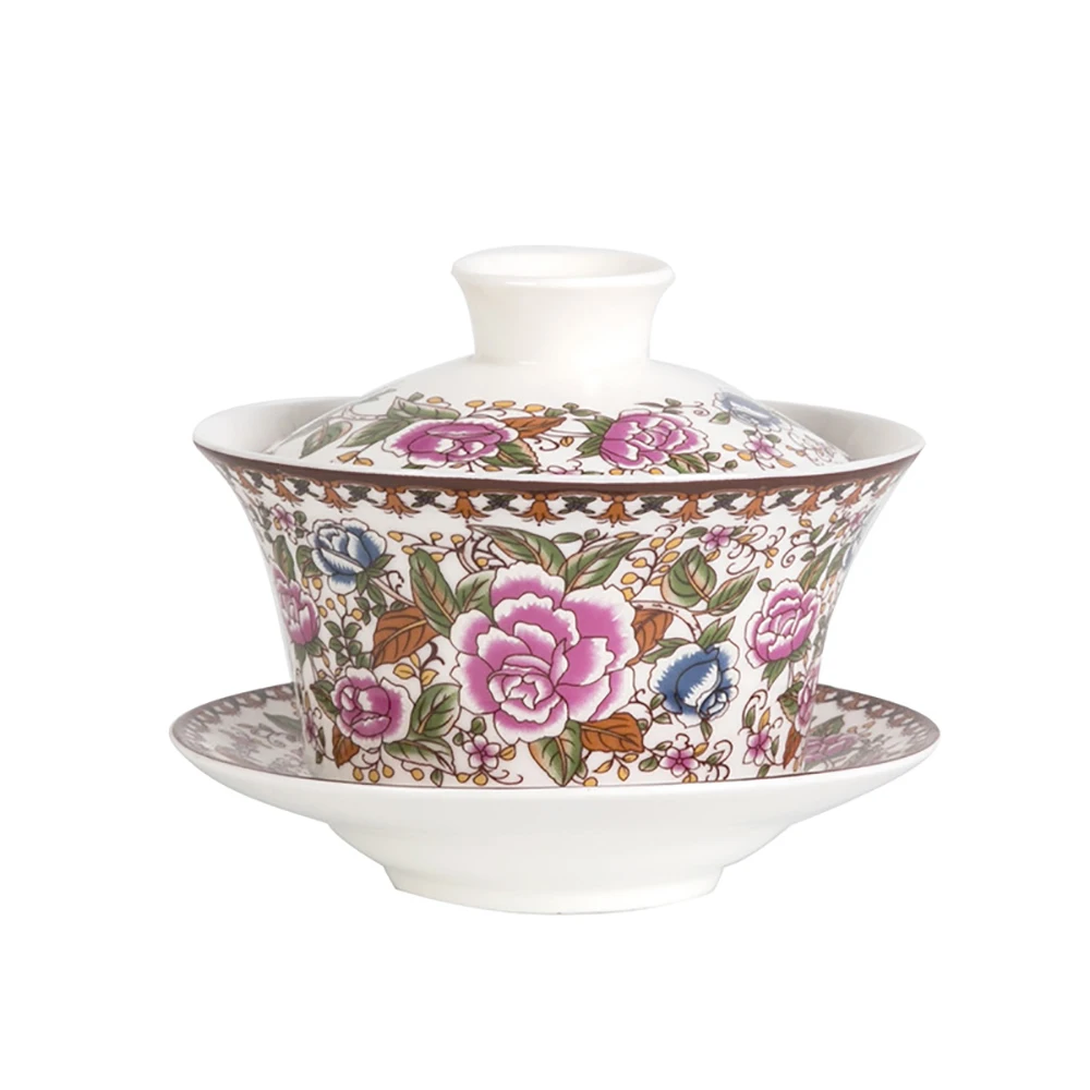350ml Large capacity ceramics Gaiwan Porcelain Art Bird Tea Tureen Flower Tea Bowl with Saucer Lid Kit Master Teaset Drinkware