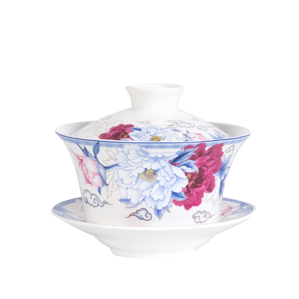 350ml Large capacity ceramics Gaiwan Porcelain Art Bird Tea Tureen Flower Tea Bowl with Saucer Lid Kit Master Teaset Drinkware