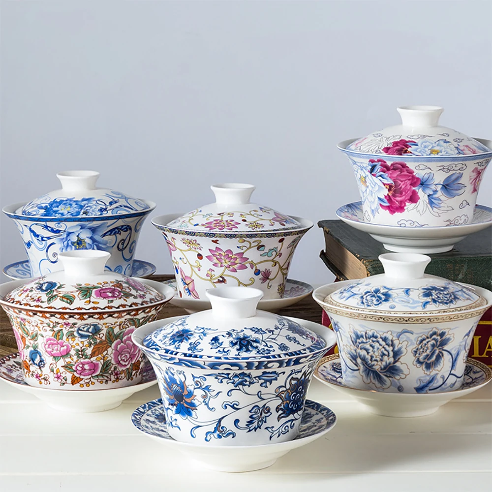 350ml Large capacity ceramics Gaiwan Porcelain Art Bird Tea Tureen Flower Tea Bowl with Saucer Lid Kit Master Teaset Drinkware