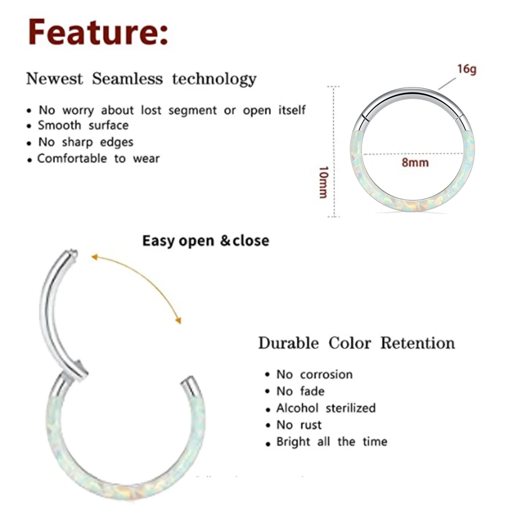1PC G23 Titanium/316L Stainless Steel Hinged Clicker Nose Septum Opal Hoop Eyebrow Lip Ear Rings Body Piercing Jewelry