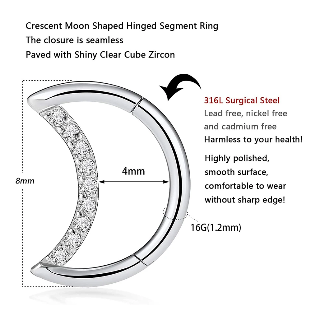 1PC G23 Titanium/316L Stainless Steel Hinged Clicker Nose Septum Opal Hoop Eyebrow Lip Ear Rings Body Piercing Jewelry