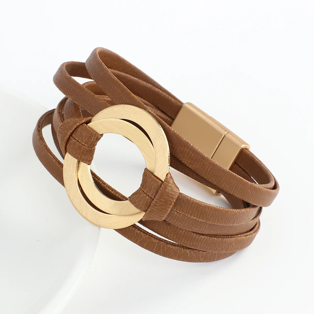 ALLYES Boho Genuine Leather Bracelets for Women Men Fashion Round Hollow Circles Charm Wrap Bracelet Bangle Female Jewelry Gifts