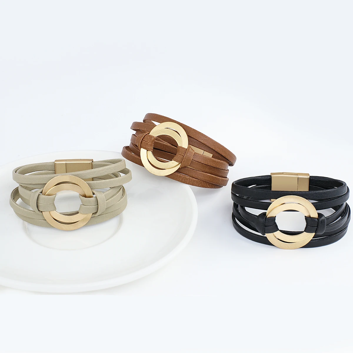 ALLYES Boho Genuine Leather Bracelets for Women Men Fashion Round Hollow Circles Charm Wrap Bracelet Bangle Female Jewelry Gifts