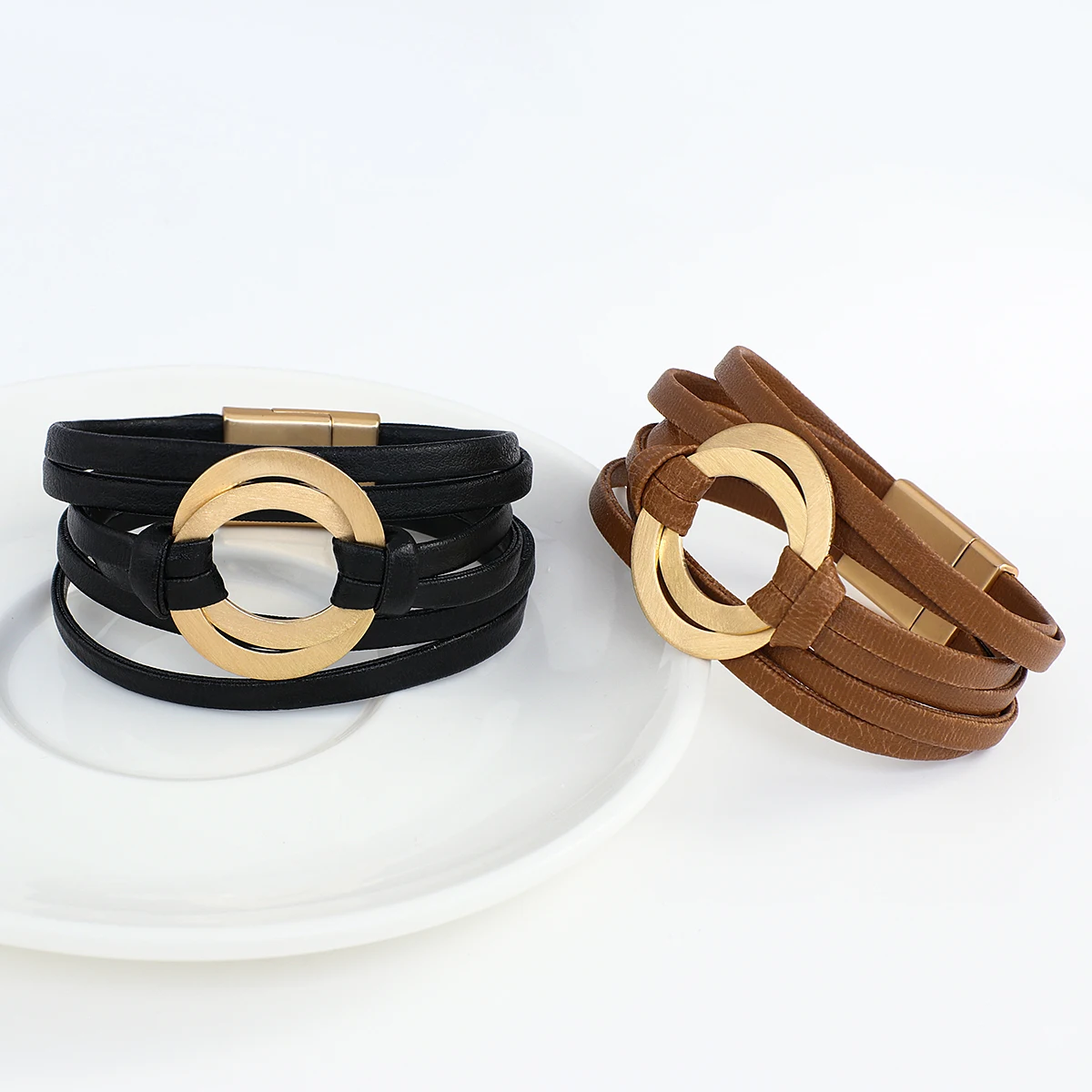ALLYES Boho Genuine Leather Bracelets for Women Men Fashion Round Hollow Circles Charm Wrap Bracelet Bangle Female Jewelry Gifts
