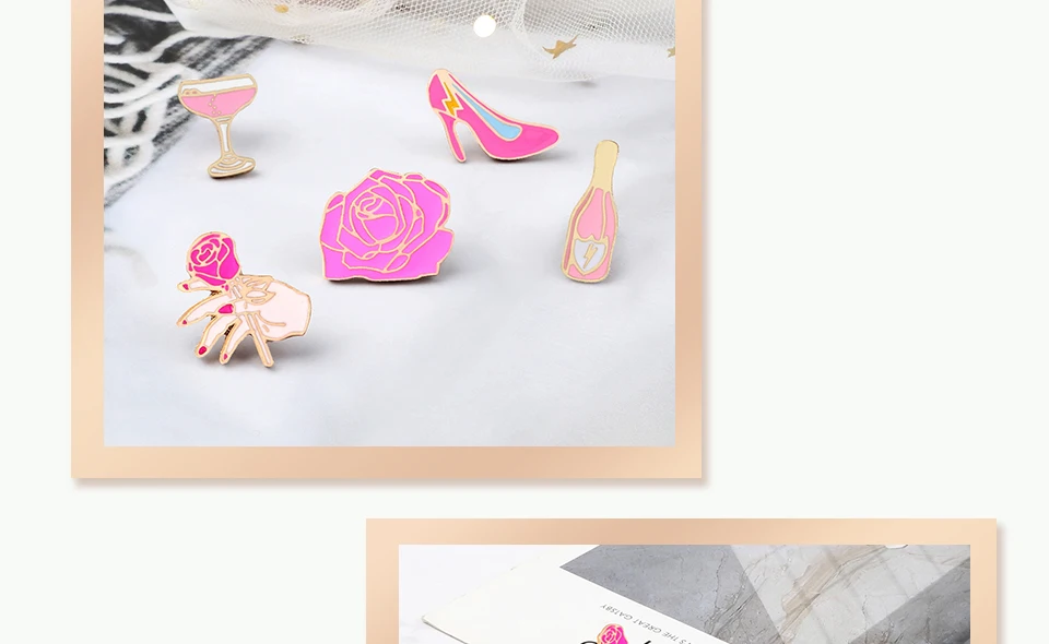 Women Pink Rose Enamel Pins Brooches Champagne Wine Glass Cigarette Vintage Record Player Cute Bike Badges Jewelry for Girl Kids