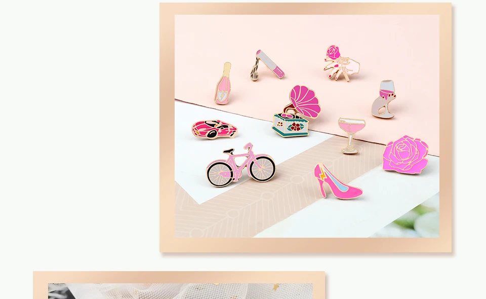 Women Pink Rose Enamel Pins Brooches Champagne Wine Glass Cigarette Vintage Record Player Cute Bike Badges Jewelry for Girl Kids