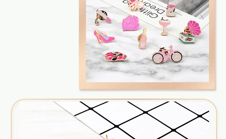 Women Pink Rose Enamel Pins Brooches Champagne Wine Glass Cigarette Vintage Record Player Cute Bike Badges Jewelry for Girl Kids