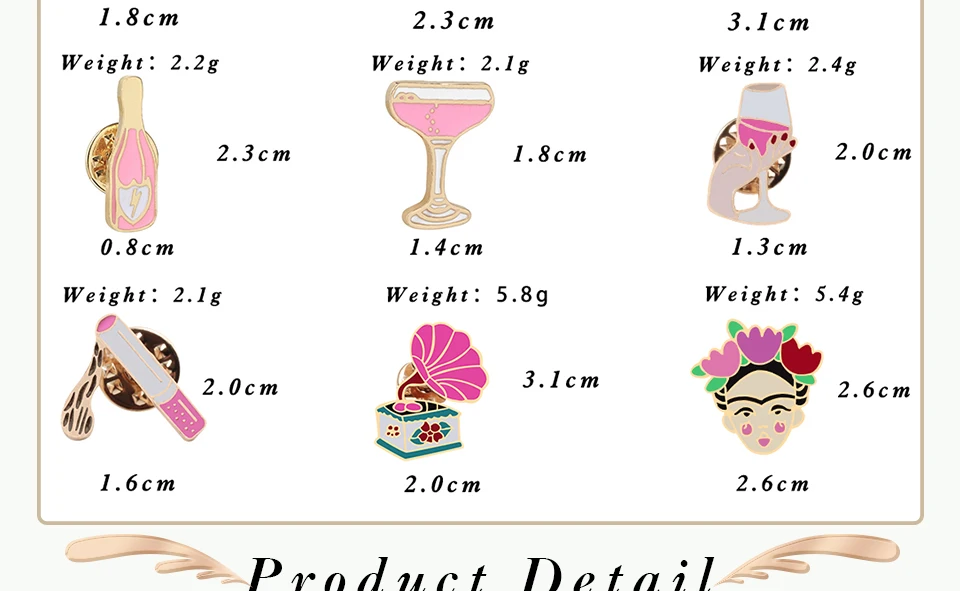 Women Pink Rose Enamel Pins Brooches Champagne Wine Glass Cigarette Vintage Record Player Cute Bike Badges Jewelry for Girl Kids