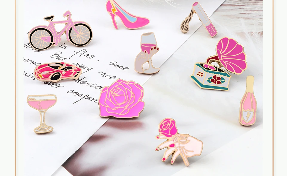 Women Pink Rose Enamel Pins Brooches Champagne Wine Glass Cigarette Vintage Record Player Cute Bike Badges Jewelry for Girl Kids
