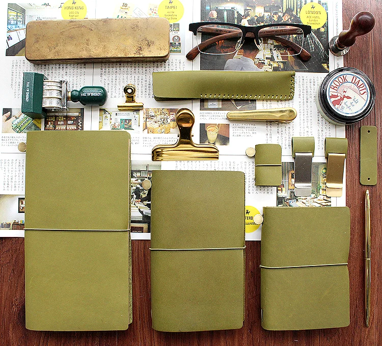 Fromthenon Vintage Pen Holder Clip For Travelers Notebook Mini Retro Notebook Diary Olive Green Leather Planner