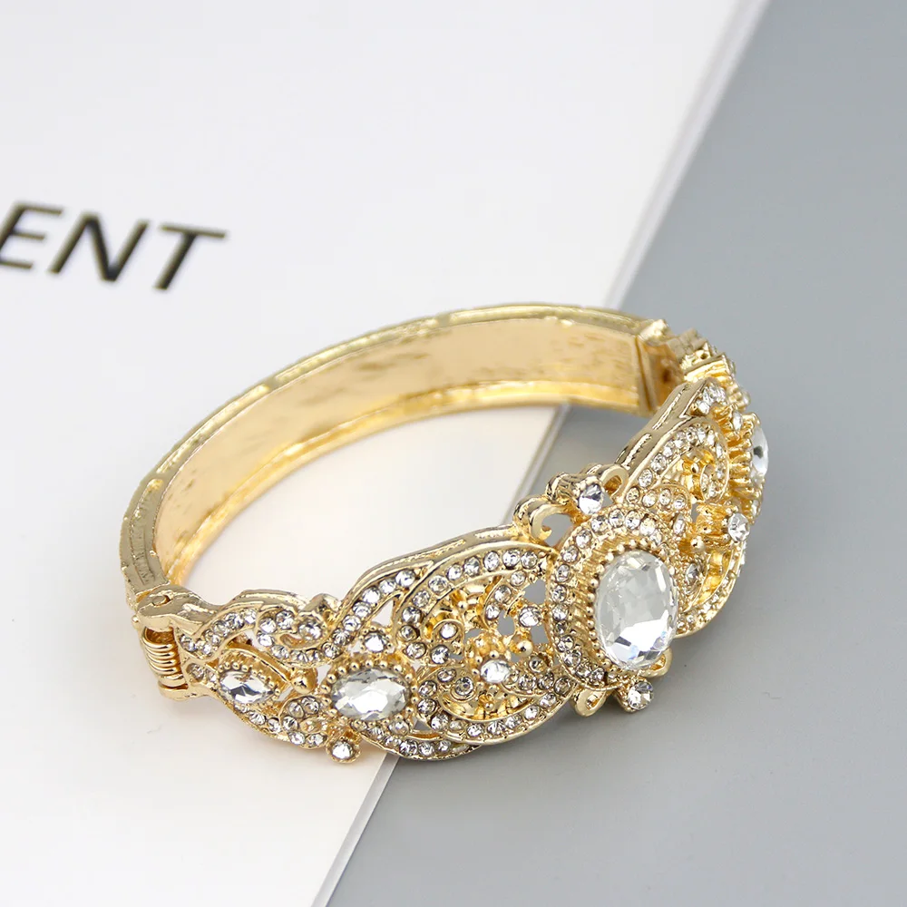Sunspicems 18K Gold Color Morocco Algeria Cuff Bracelet Bangle For Women Full Crystal Turkey Bridal Wedding Jewelry Gift