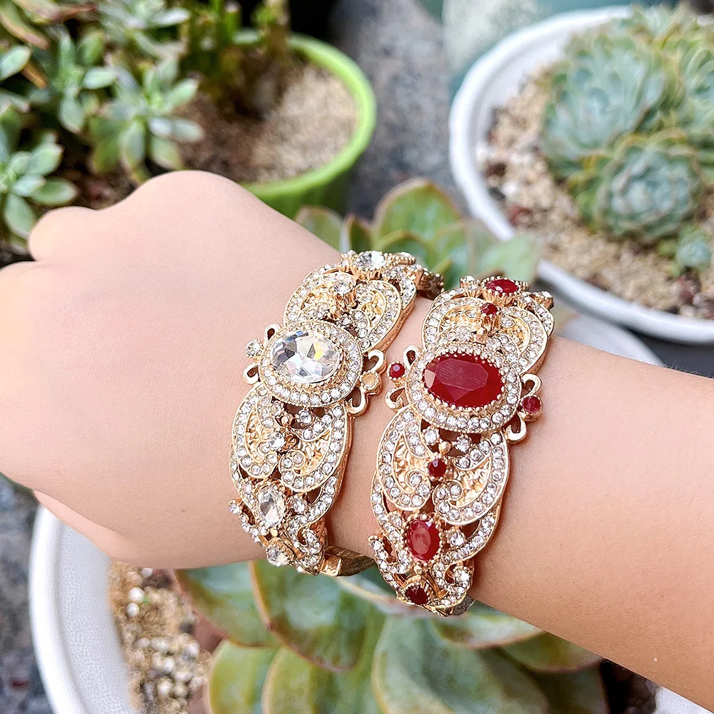Sunspicems 18K Gold Color Morocco Algeria Cuff Bracelet Bangle For Women Full Crystal Turkey Bridal Wedding Jewelry Gift