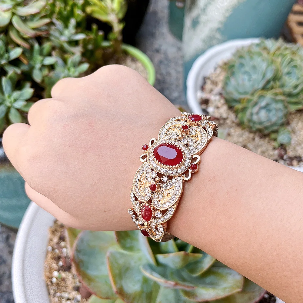 Sunspicems 18K Gold Color Morocco Algeria Cuff Bracelet Bangle For Women Full Crystal Turkey Bridal Wedding Jewelry Gift