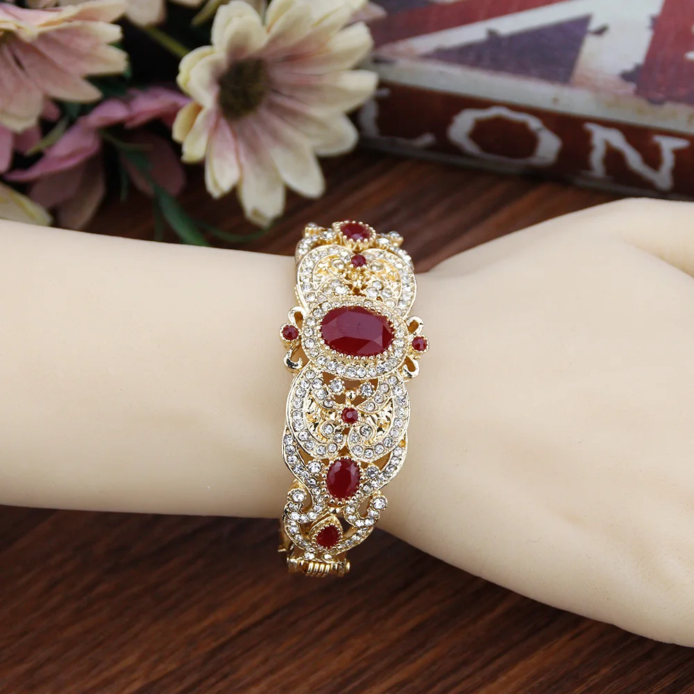 Sunspicems 18K Gold Color Morocco Algeria Cuff Bracelet Bangle For Women Full Crystal Turkey Bridal Wedding Jewelry Gift