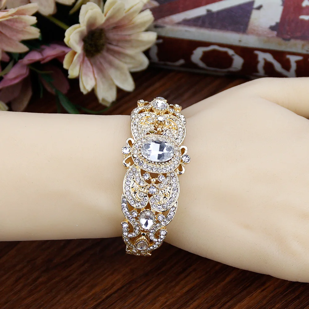 Sunspicems 18K Gold Color Morocco Algeria Cuff Bracelet Bangle For Women Full Crystal Turkey Bridal Wedding Jewelry Gift