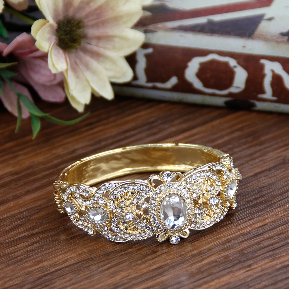 Sunspicems 18K Gold Color Morocco Algeria Cuff Bracelet Bangle For Women Full Crystal Turkey Bridal Wedding Jewelry Gift