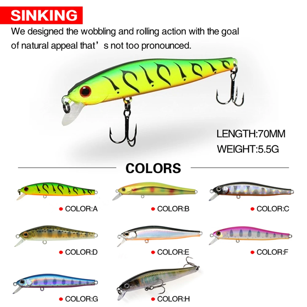 7cm 5.5g Fishing Lure Minnow Wobbler Sinking Trolling Jerkbait Swimbait Artificial Hard Bait Stream Fishing Trout Bait Bass Bait