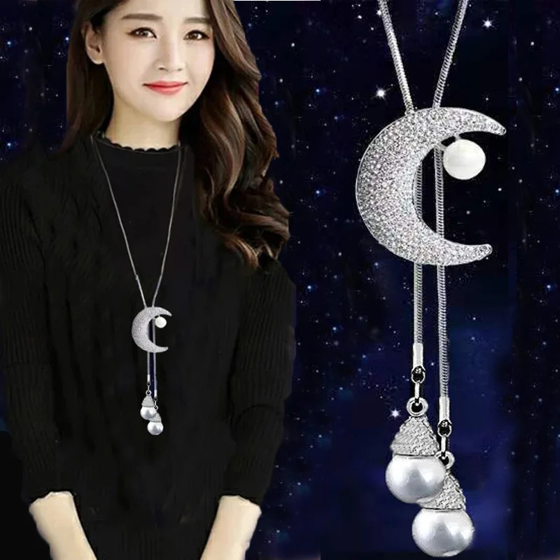 Crystal Moon Flower Long Necklaces for Women Jewelry 2026 Fashion Tassel Silver Color Necklaces & Pendants Sweater Chain Collier