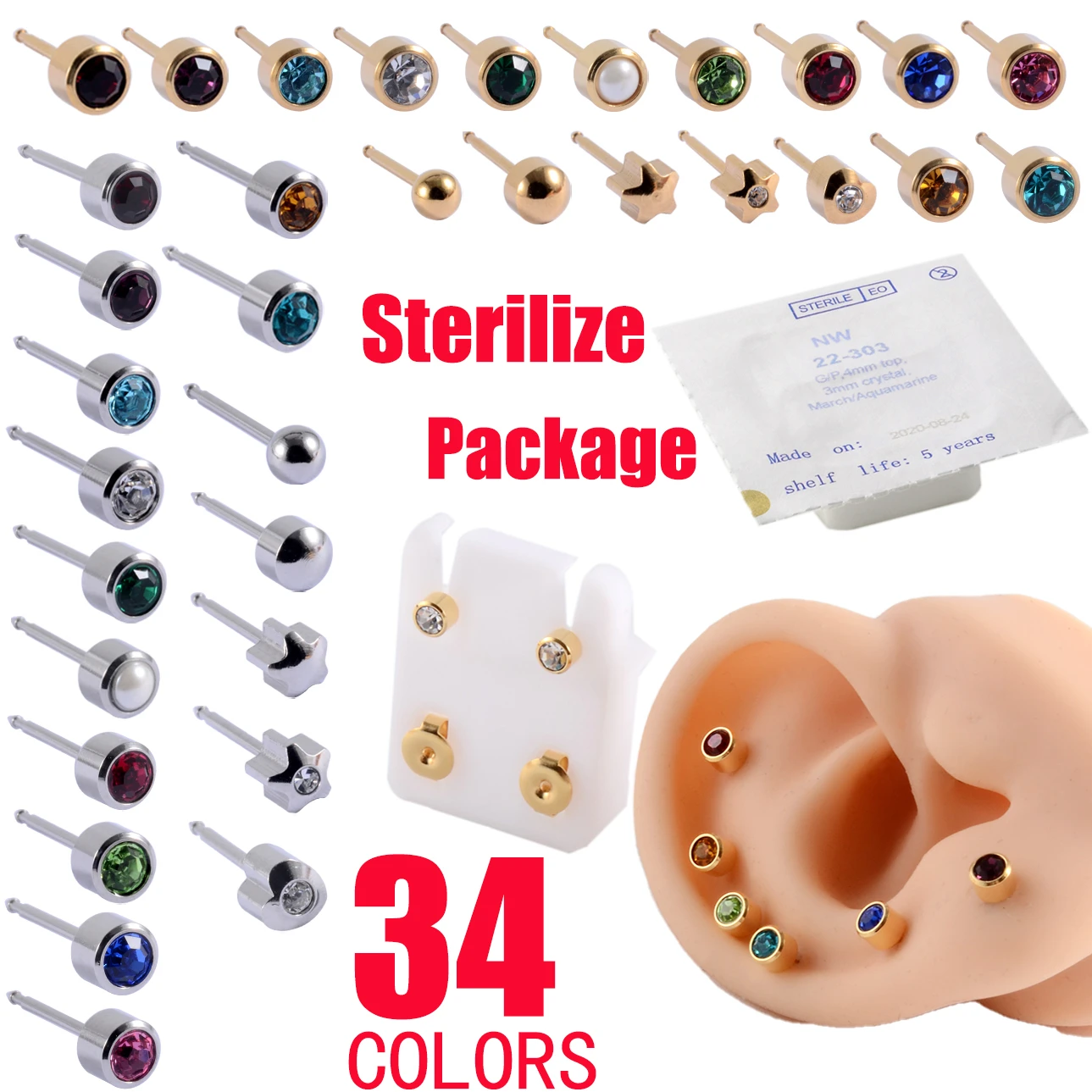 1Pair Fashion Surgical Steel Sterile Ear Piercing 24K Gold Plated Nickel-free Ear Cartilage Tragus Studs Earring Puncture Jewery