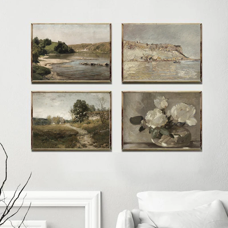 Vintage Country Natural Landscape Oil Painting On Canvas Poster Retro Flower Still Life Art Print Gallery Neutral Wall Pictures