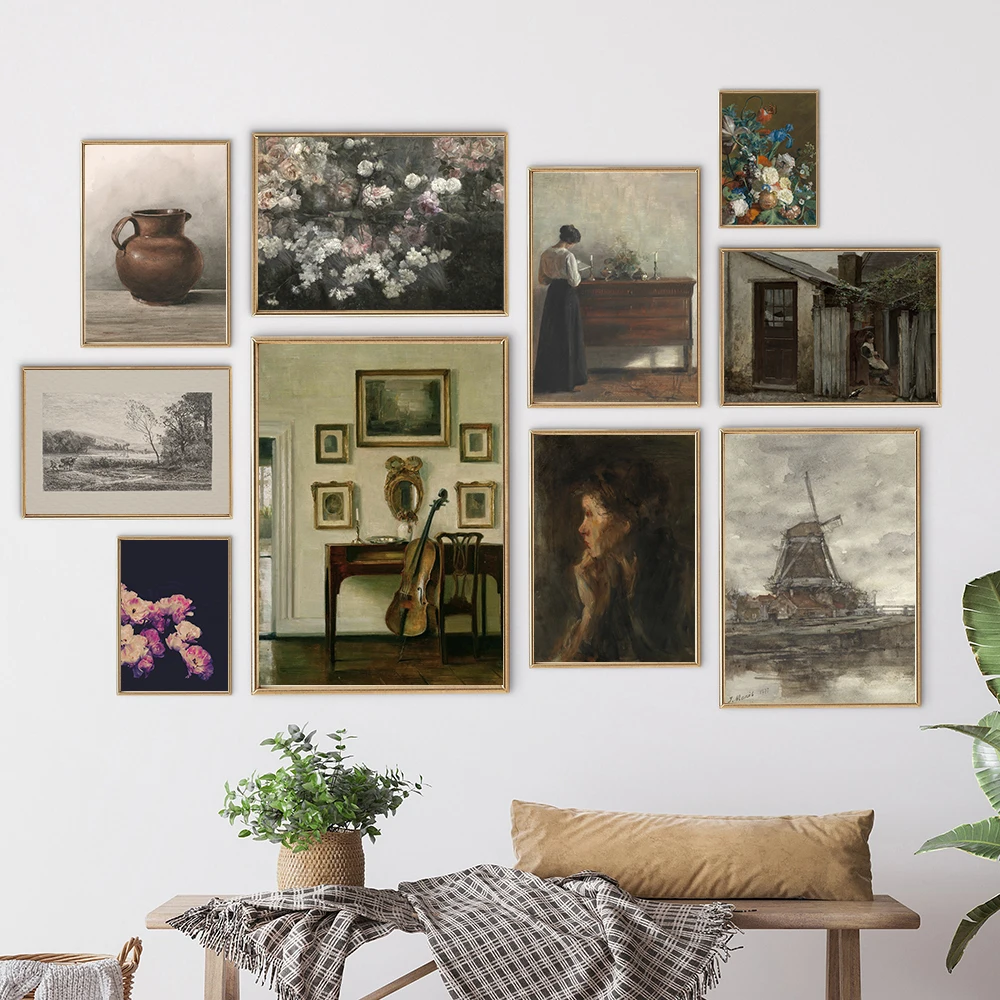 Vintage Country Natural Landscape Oil Painting On Canvas Poster Retro Flower Still Life Art Print Gallery Neutral Wall Pictures