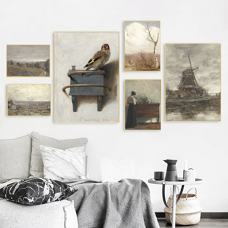 Vintage Country Natural Landscape Oil Painting On Canvas Poster Retro Flower Still Life Art Print Gallery Neutral Wall Pictures